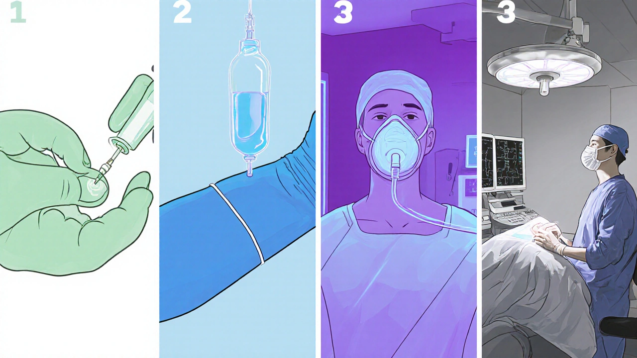 Čtyři typy zubní anestezie – lokální, intravenózní, sedace a celková – zobrazené ve čtyřech vizuálech.