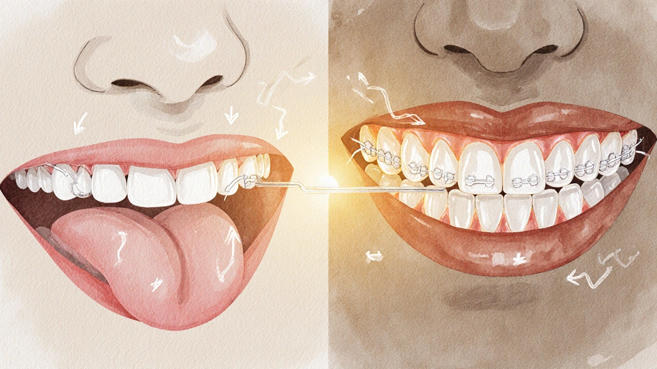 Dvě časové linky zubů: křivé se vrací zpět vs. rovné udržované držákem.