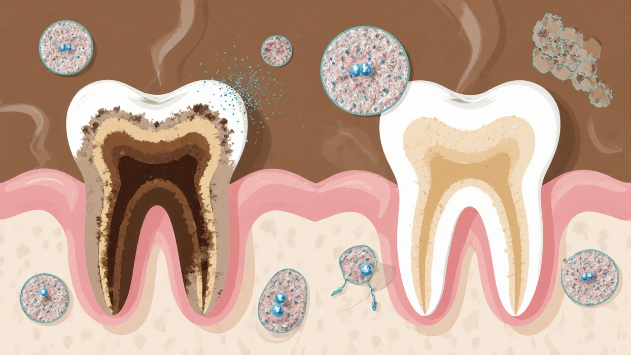 Dvě zuby v řezu: jeden tmavý z nikotinu, druhý čistší s mikroskopickými částicemi čisticích látek.