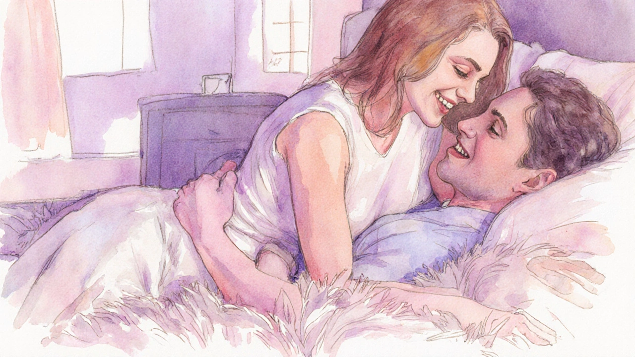 Intimní moment v ložnici, žena s jistým úsměvem ukazuje nový zub během blízkosti.