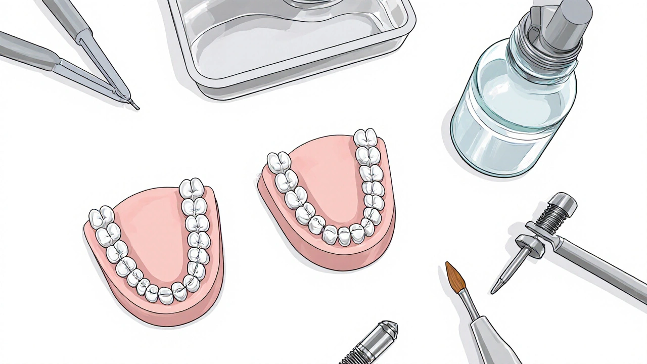 Přehled pracovního stolu s porcelánovou korunou, zirkoniovou korunou, implantátem a kompozitní výplní.