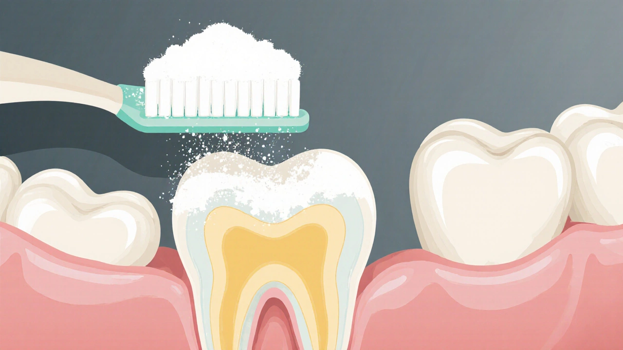 Přehled zubu s oděrům emalové vrstvy při čištění jedlou sodou a žlutým dentinem nahoře.