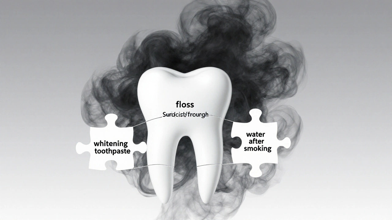 Skládačka s dílky představujícími správnou ústní hygienu pro kuřáky, kouř se rozptýlí v pozadí.