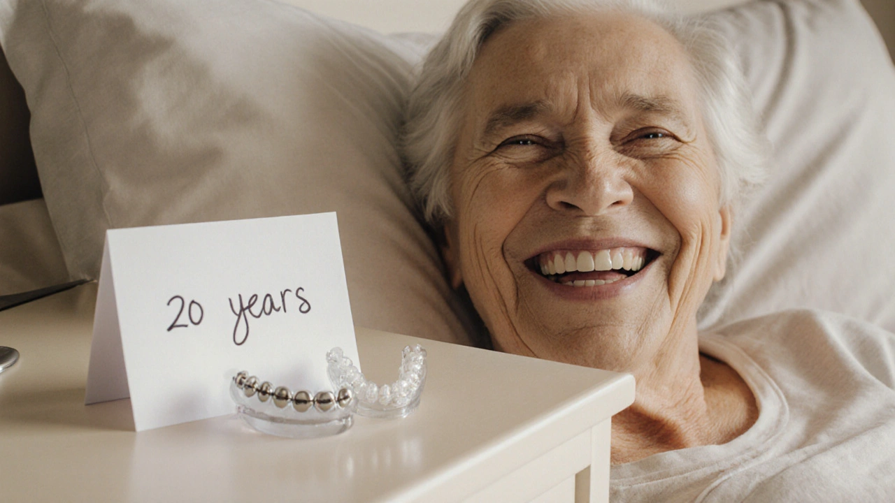 Starší osoba se směje s rovnými zuby, vedle ní leží dva zubní držáky.