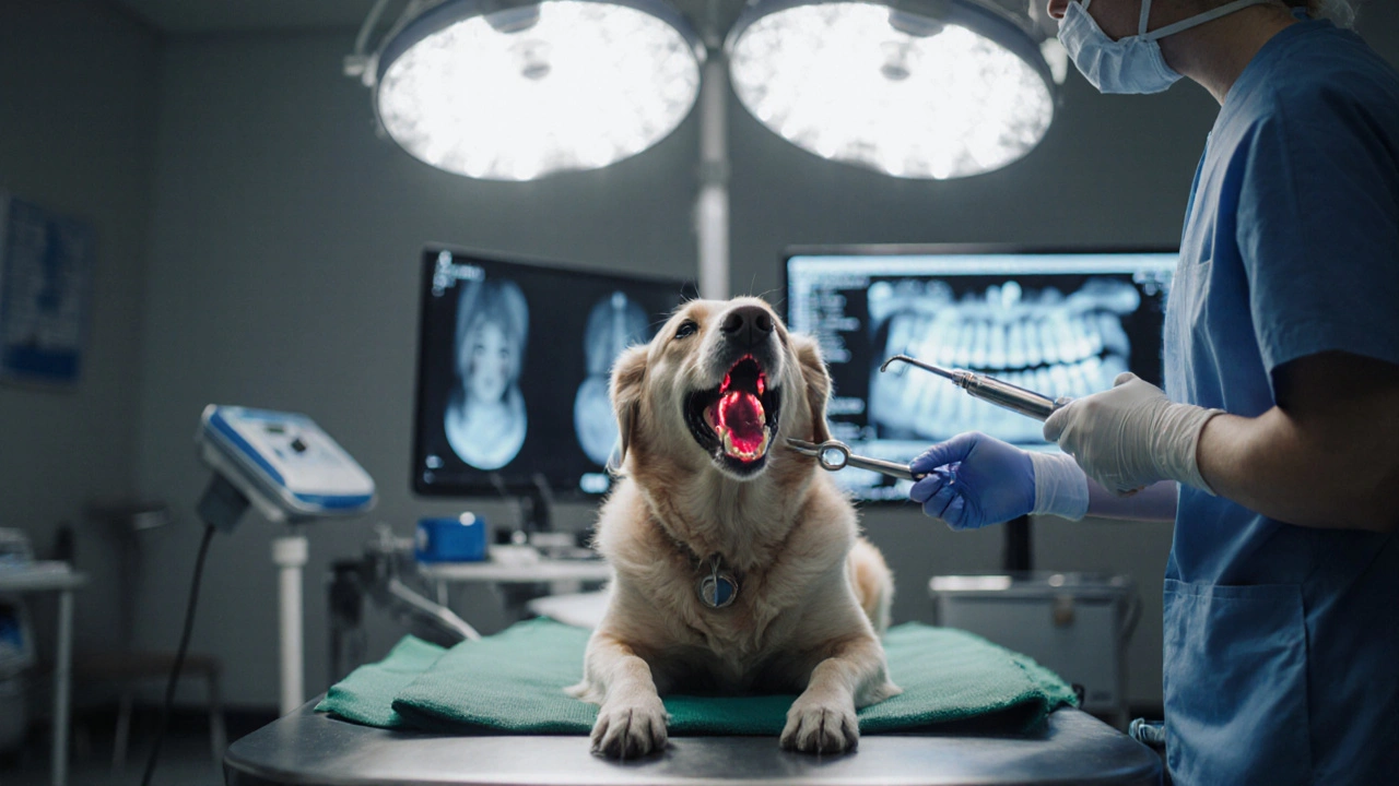 Veterinář pod anestézií čistí psí zuby pomocí ultrazvukového přístroje.