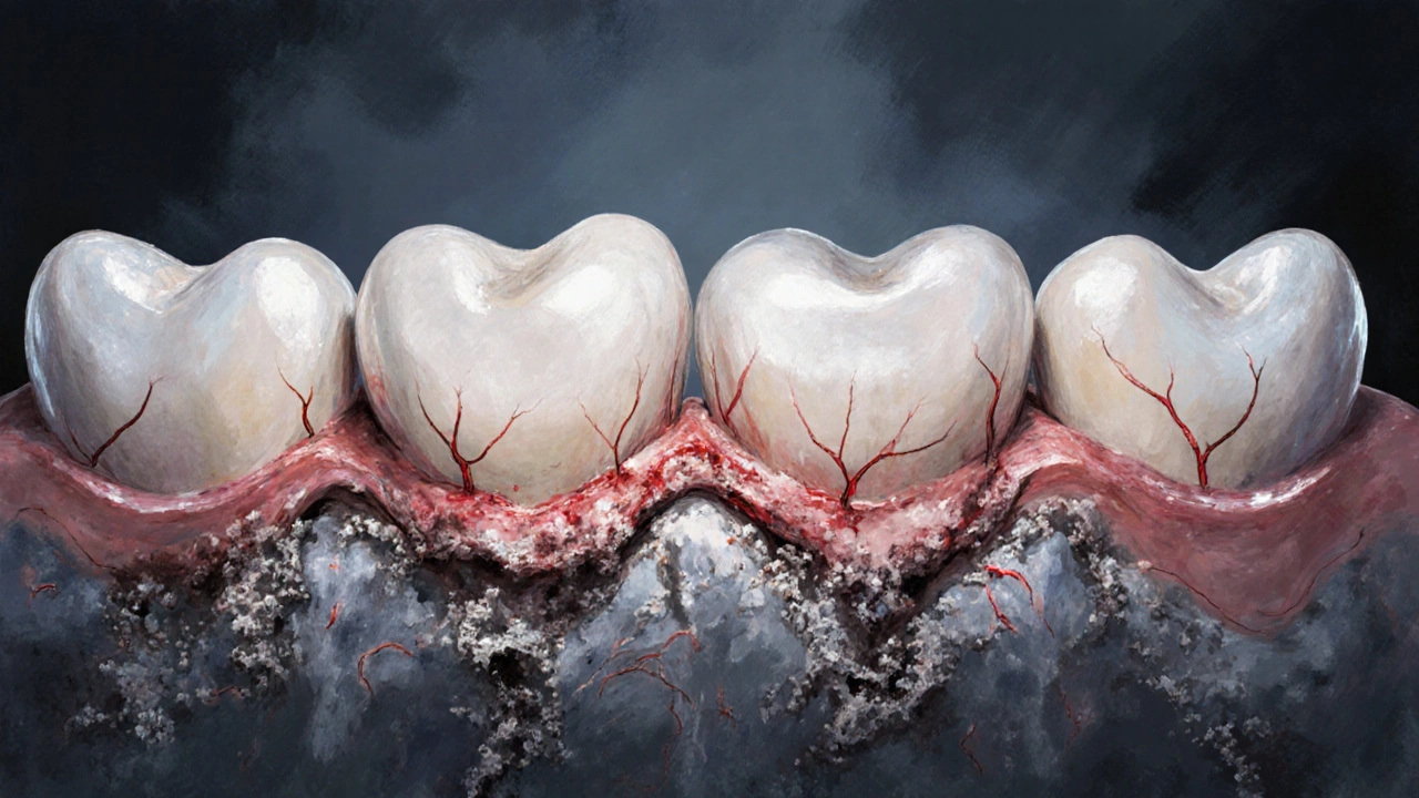 Zánětlivé dásně s postupující ztrátou kosti kolem zubů