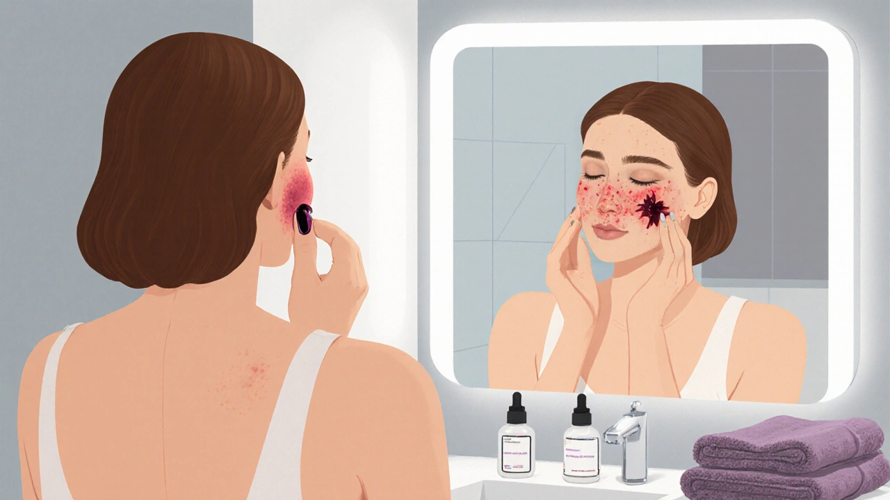 Žena aplikuje gel na modřinu na tváři, jemné doteky prstů, přírodní osvětlení v koupelně