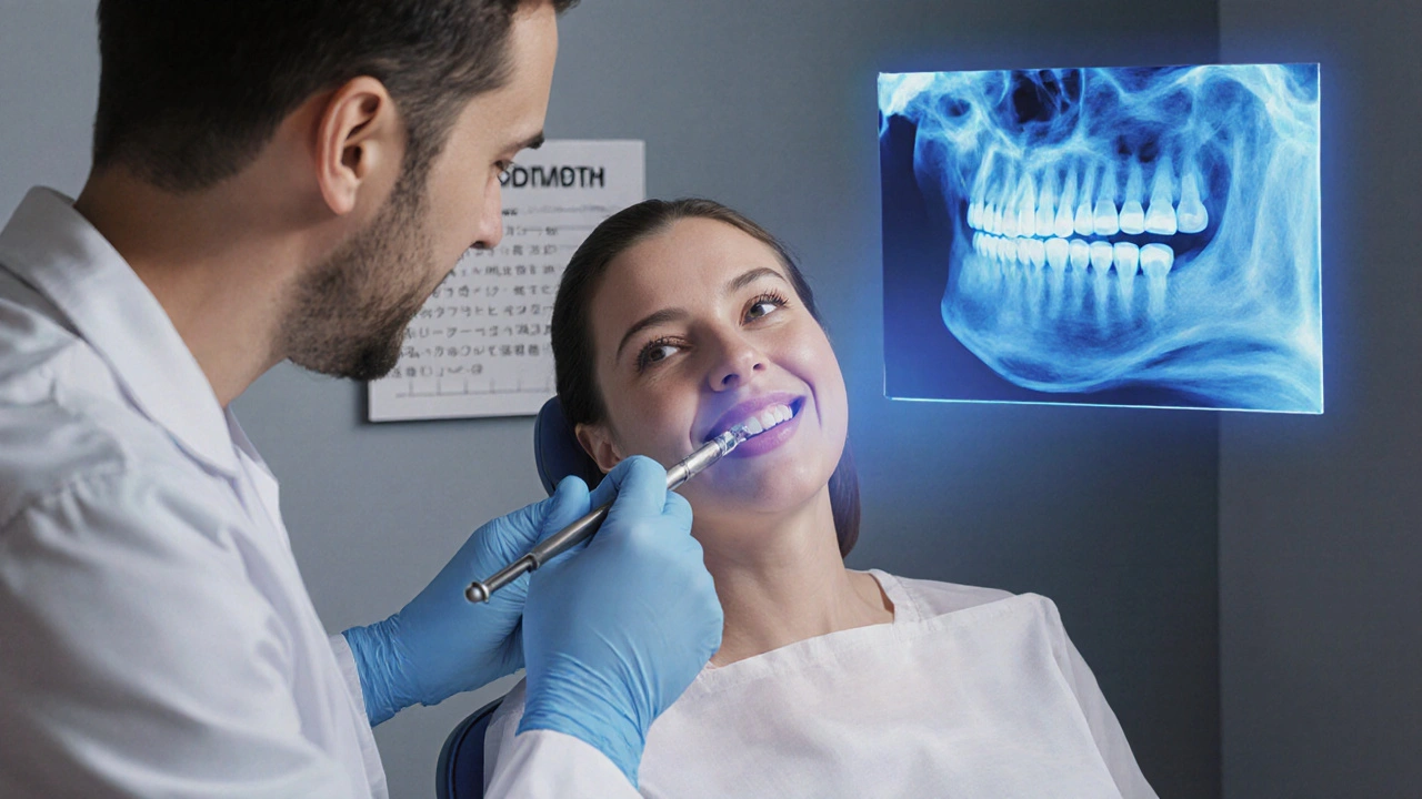 Zubař kontroluje implantát pomocí rtg‑snímku, pacient se usmívá při kontrolní návštěvě.