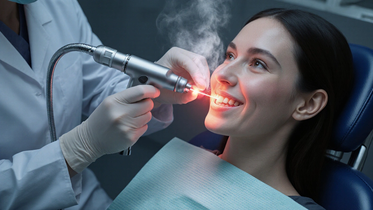Zubař používá laser k odstranění keramické fazety z předního zubu.