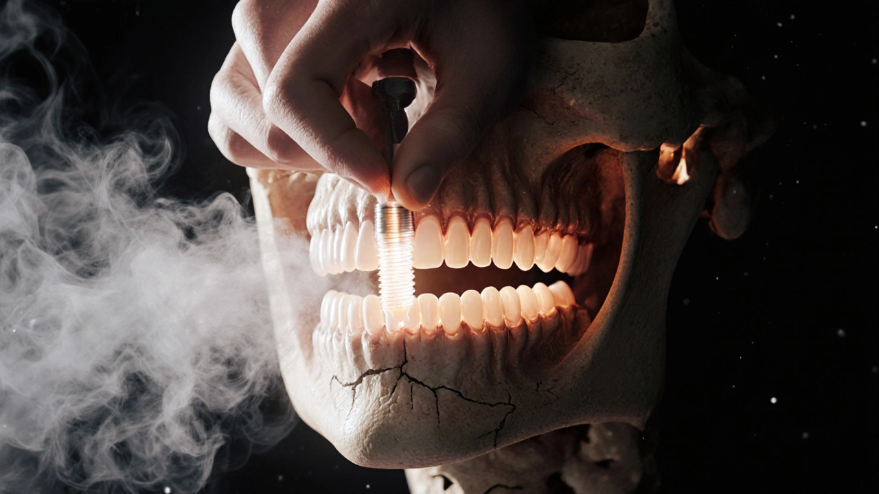 Zubní implantát částečně zničený kouřem a poškozenou kostí