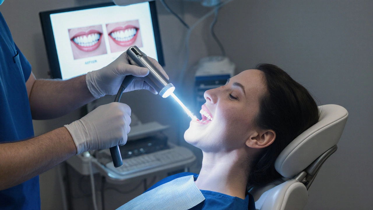 Zubní lékař provádí laserové bělení zubů na klinice.