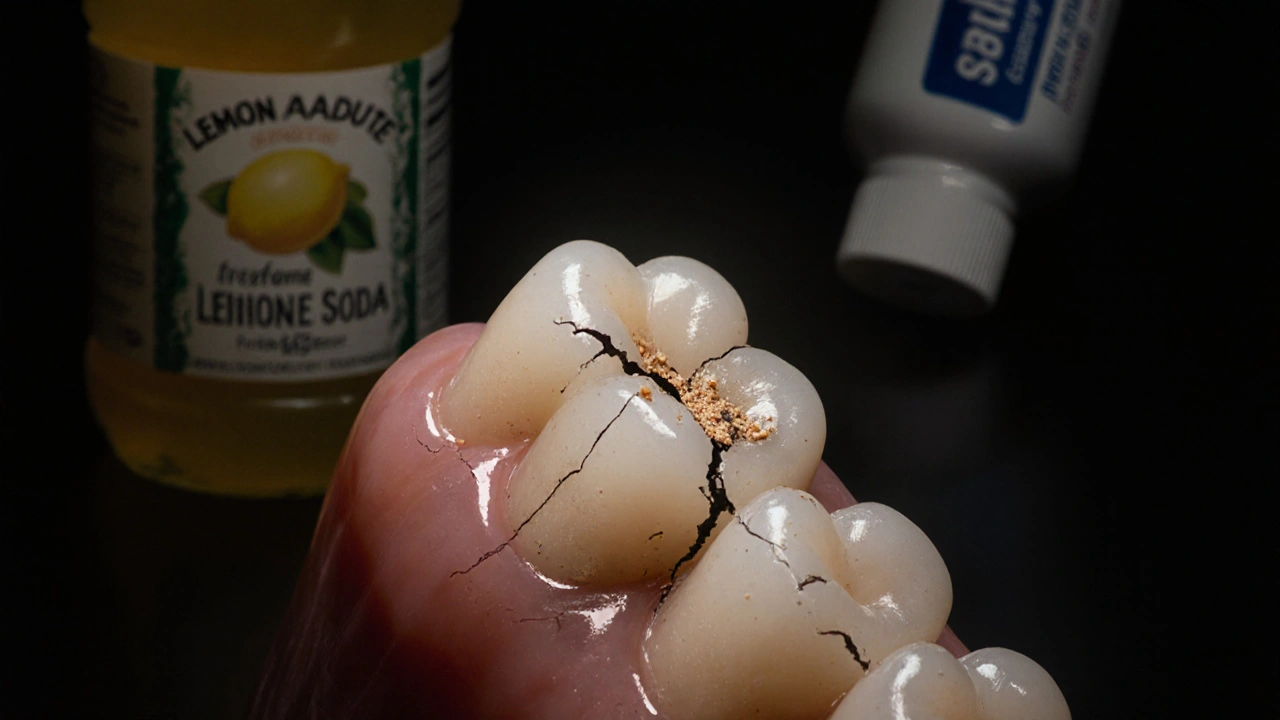 Zvětšený pohled na poškozenou emalovou vrstvu zubu s částečkami jedlé sody a kapek citronu.