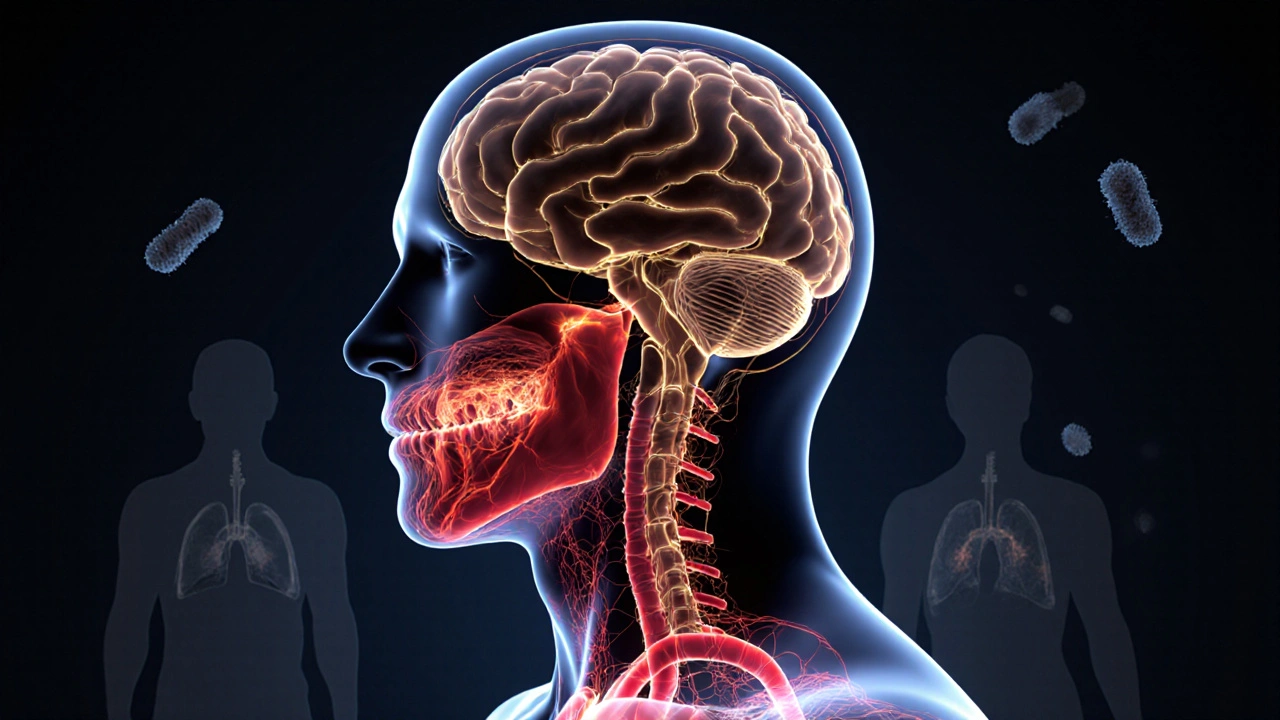 Abstraktní obrázek lidského siluetu s světelnými spojnicemi od čelisti k ostatním orgánům, symbolizující celkové zdraví.
