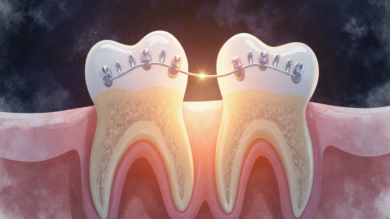 Abstraktní vyobrazení sil, které pomalu přitahují zuby k sobě, uzavírajíce mezeru.