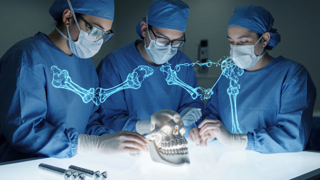 Chirurgové analyzují 3D model čelisti s holografickými výkresy v klinice.