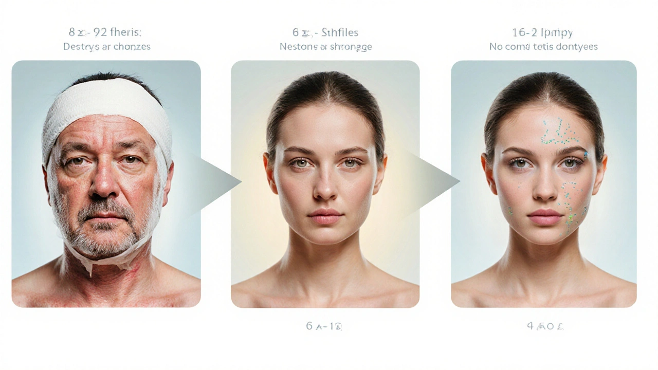 Chronologický přehled hojení: otok a modřiny přecházejí do přirozeného vzhledu kůže po 6–12 měsících.