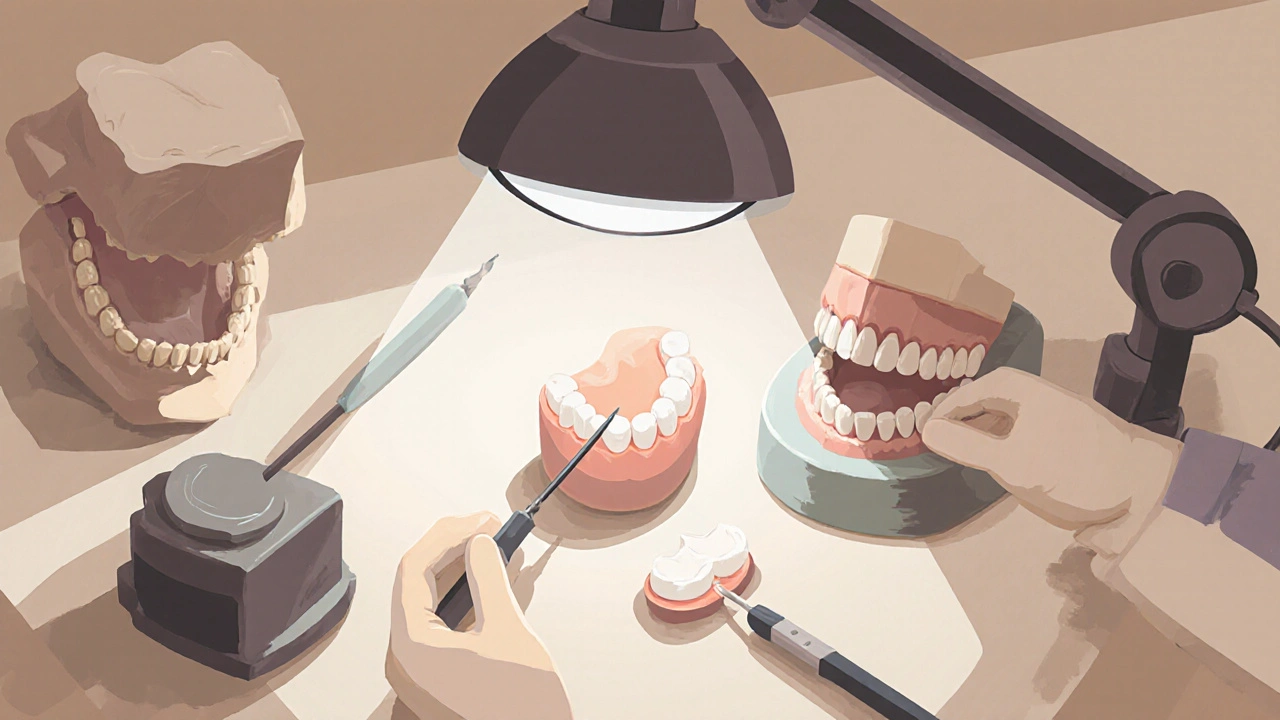 Dentální technik při výrobě keramické fazety v laboratoři s přesnými nástroji.