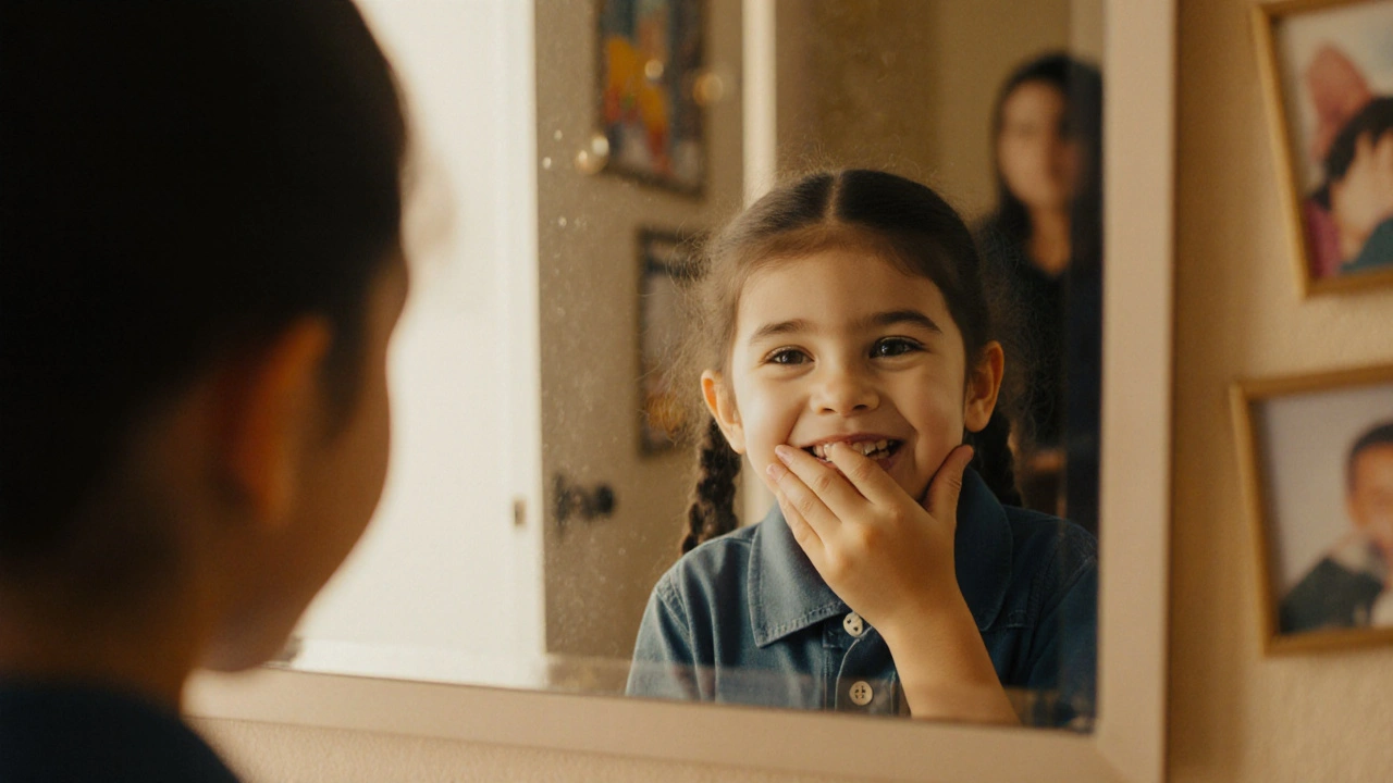 Dítě se dívá do zrcadla a skrývá ústa z kvůli mezeře mezi zuby.