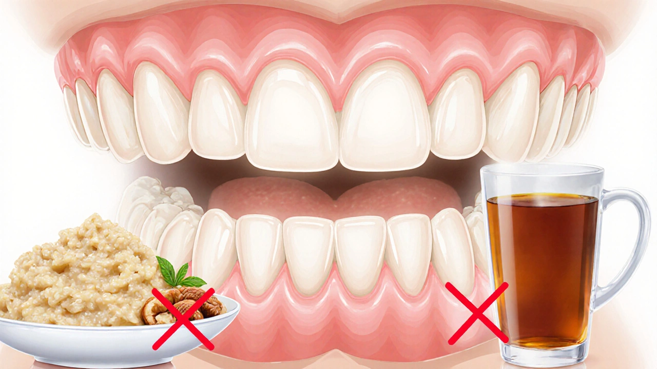 Dočasné zuby pevně přilepené na zdravých dásních s měkkými potravinami.