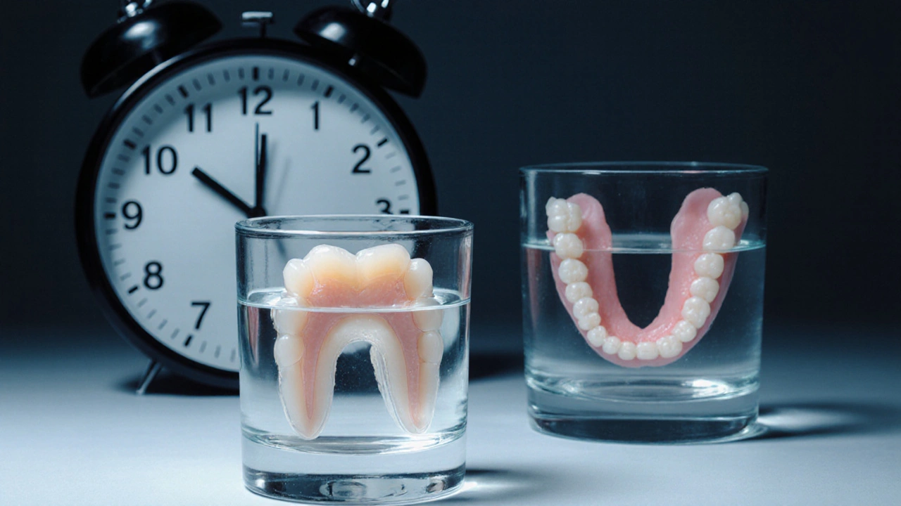 Dočasné zuby v sklenici s vodou vedle trvalější zubní náhrady.