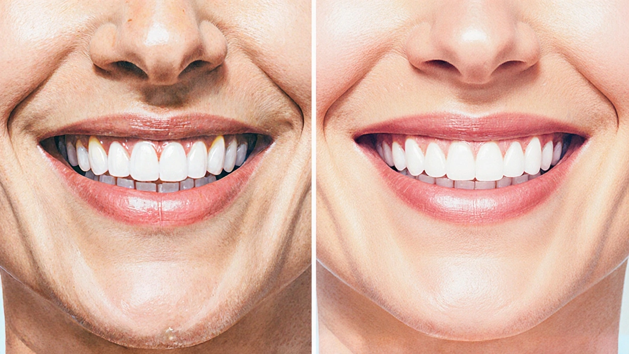 Dva postranní pohledy na zuby: jedny poškozené, druhé po opravě fazetami.