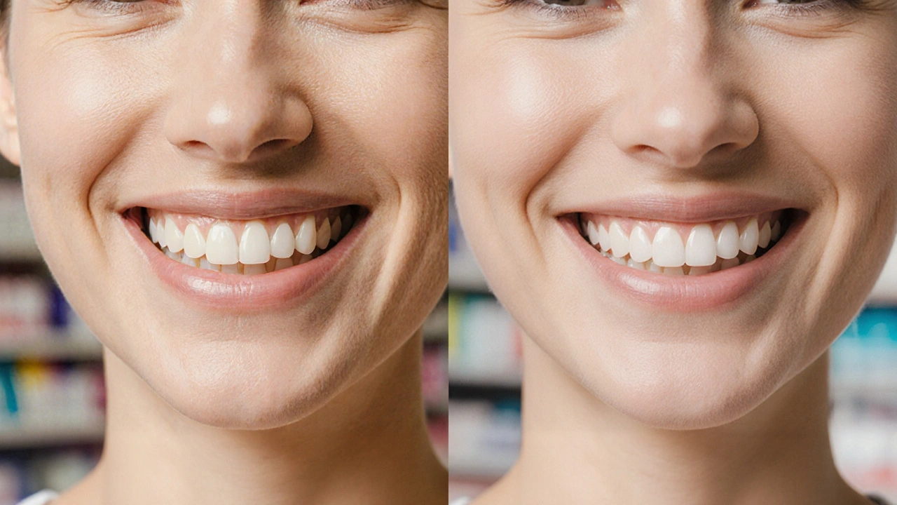 Dva vedle sebe stojící úsměvy: tmavší a bělejší, symbolizující výsledek bělení zubů.