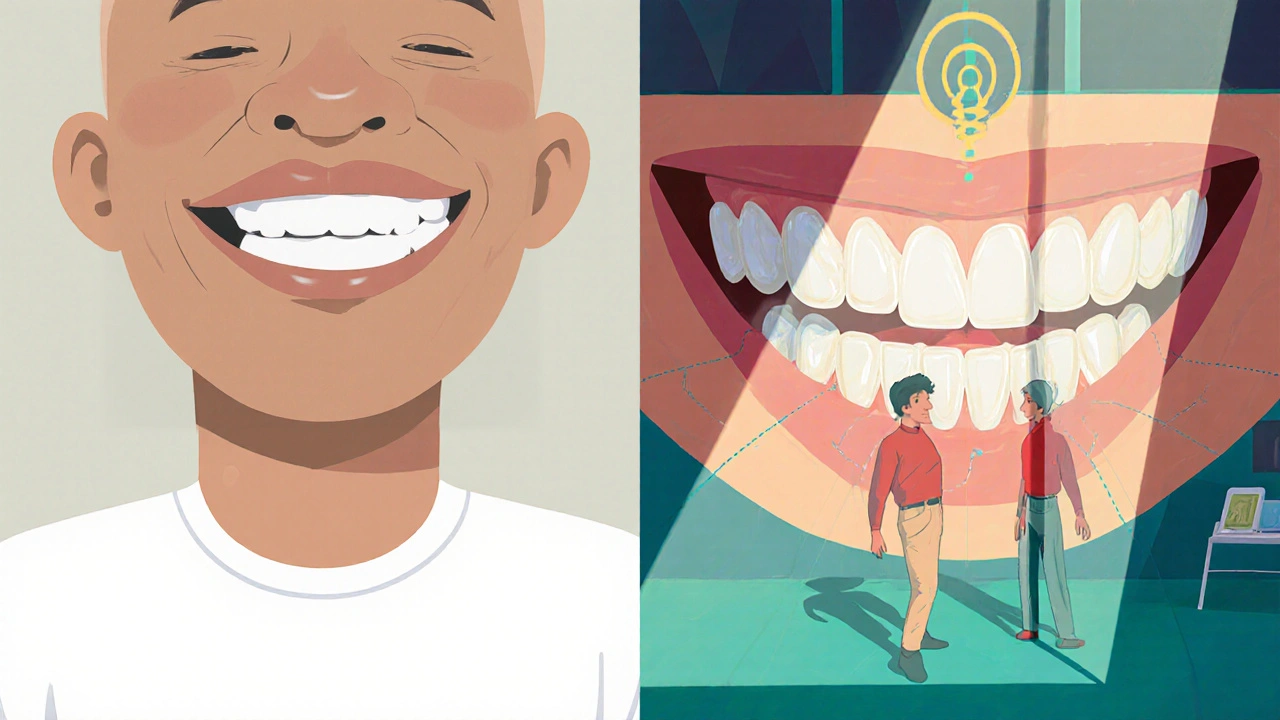 Dvě strany jedné osoby: jedna se smutně dívá s chybějícími zuby, druhá směje se s plným chrupem.