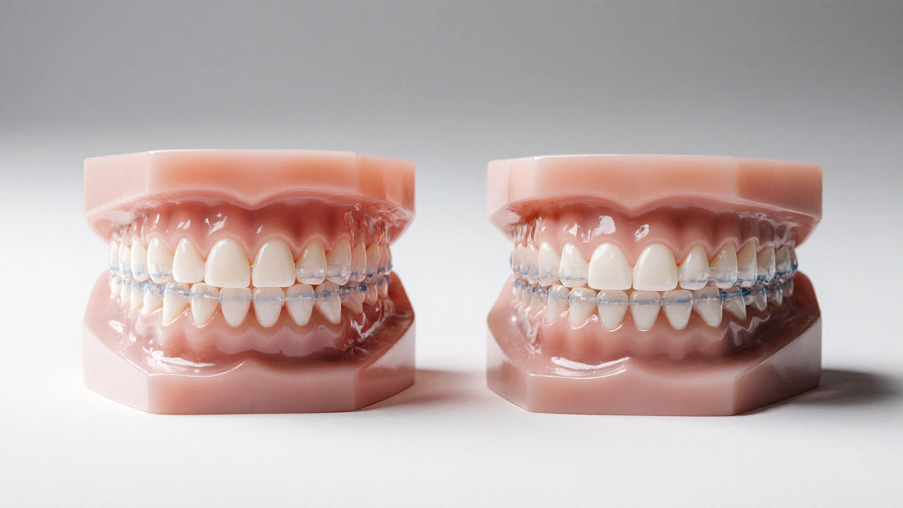 Dvě zubní modely: jedna s mezerou, druhá s uzavřenou mezerou pomocí průhledných plátků.