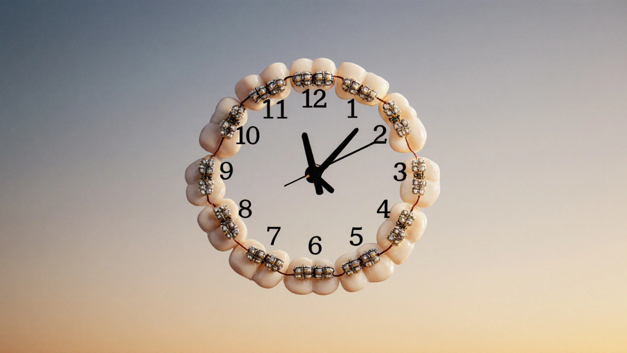 Hodiny složené z zubů a rovnátek, symbolizující dobu léčby.