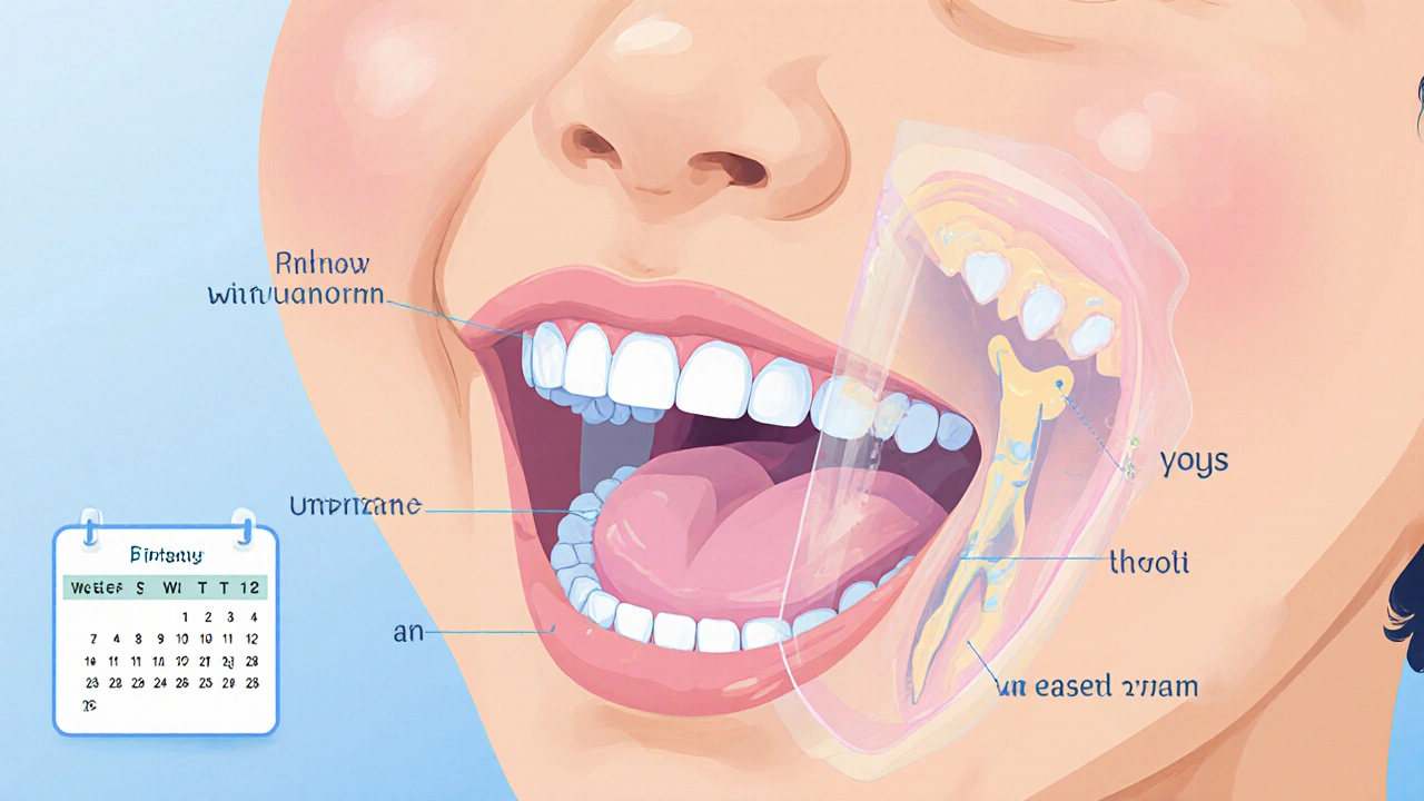 Ilustrace vývoje čelisti dítěte s mléčnými a trvalými zuby a jazykovou příčkou.