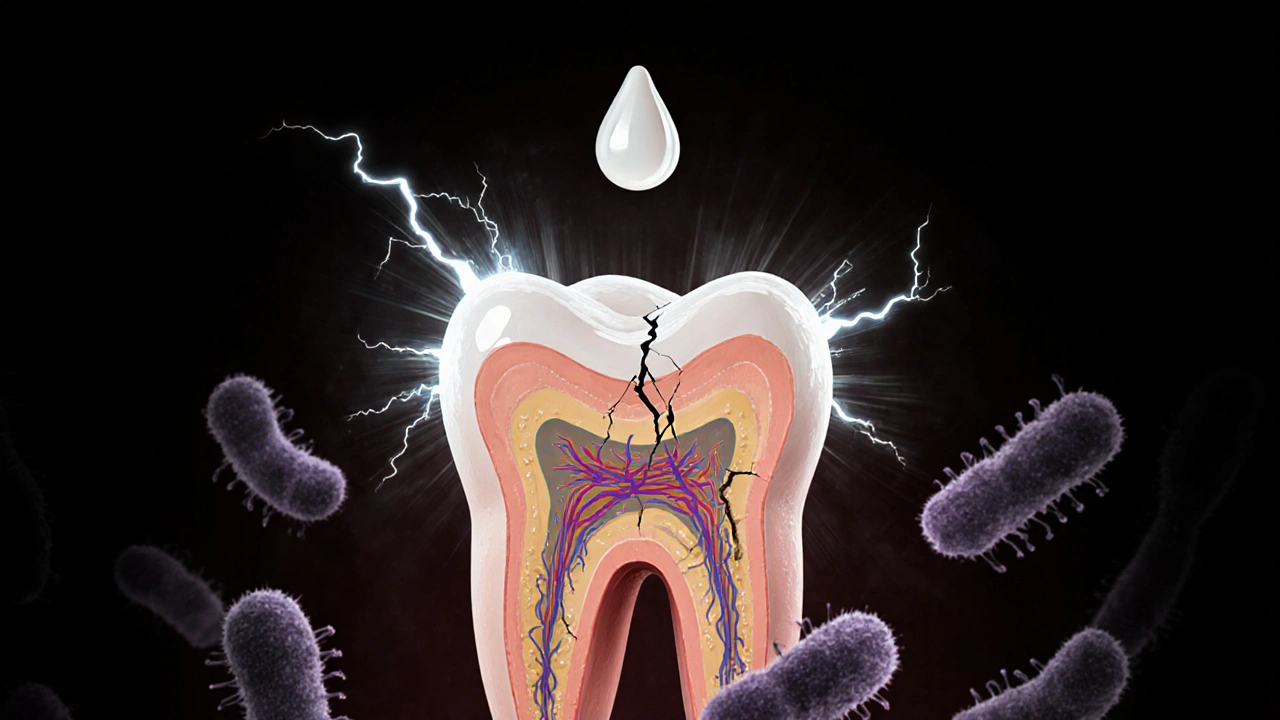 Konceptuální obrázek zubu jako živé tkáně s viditelnými vrstvami a kapek mléka.