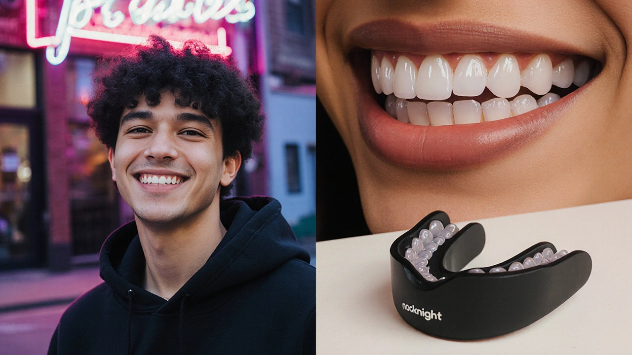 Mladý influencer s extrémně bílými fazetami a noční ochrannou destičkou na pozadí.