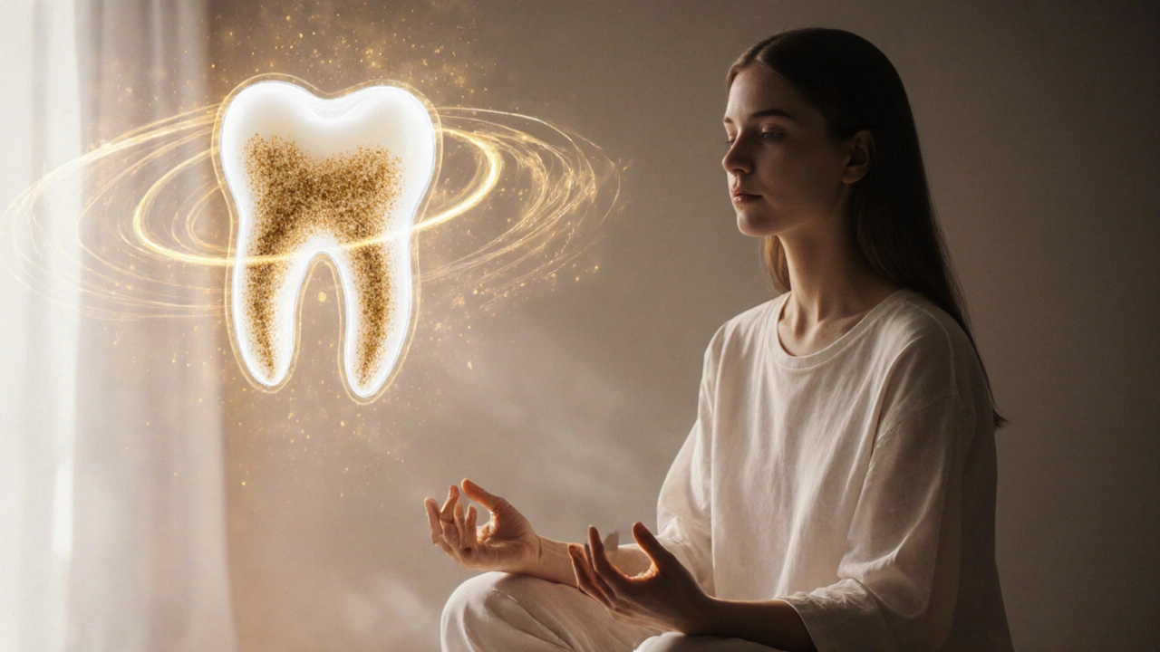 Osoba meditující v klidu, s vize zubu pokrytého plakem v popředí