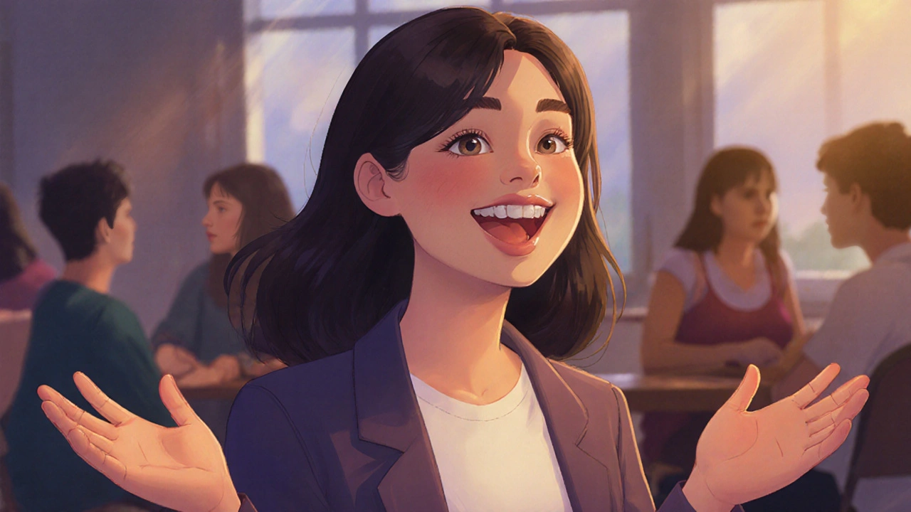 Osoba mluví s sebevědomím a otevřeným úsměvem, i když má fixní rovnátka.