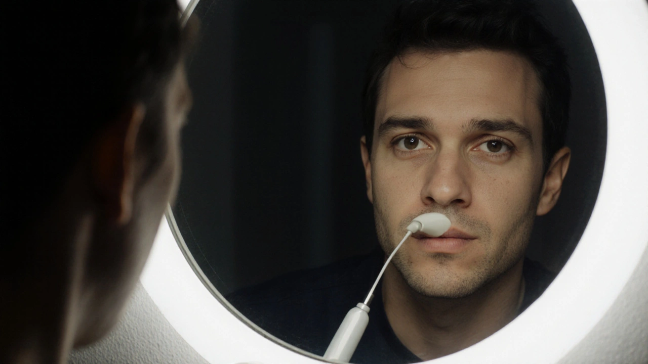 Osoba se dívá do zrcadla a pozoruje bílou skvrnu na zubu.