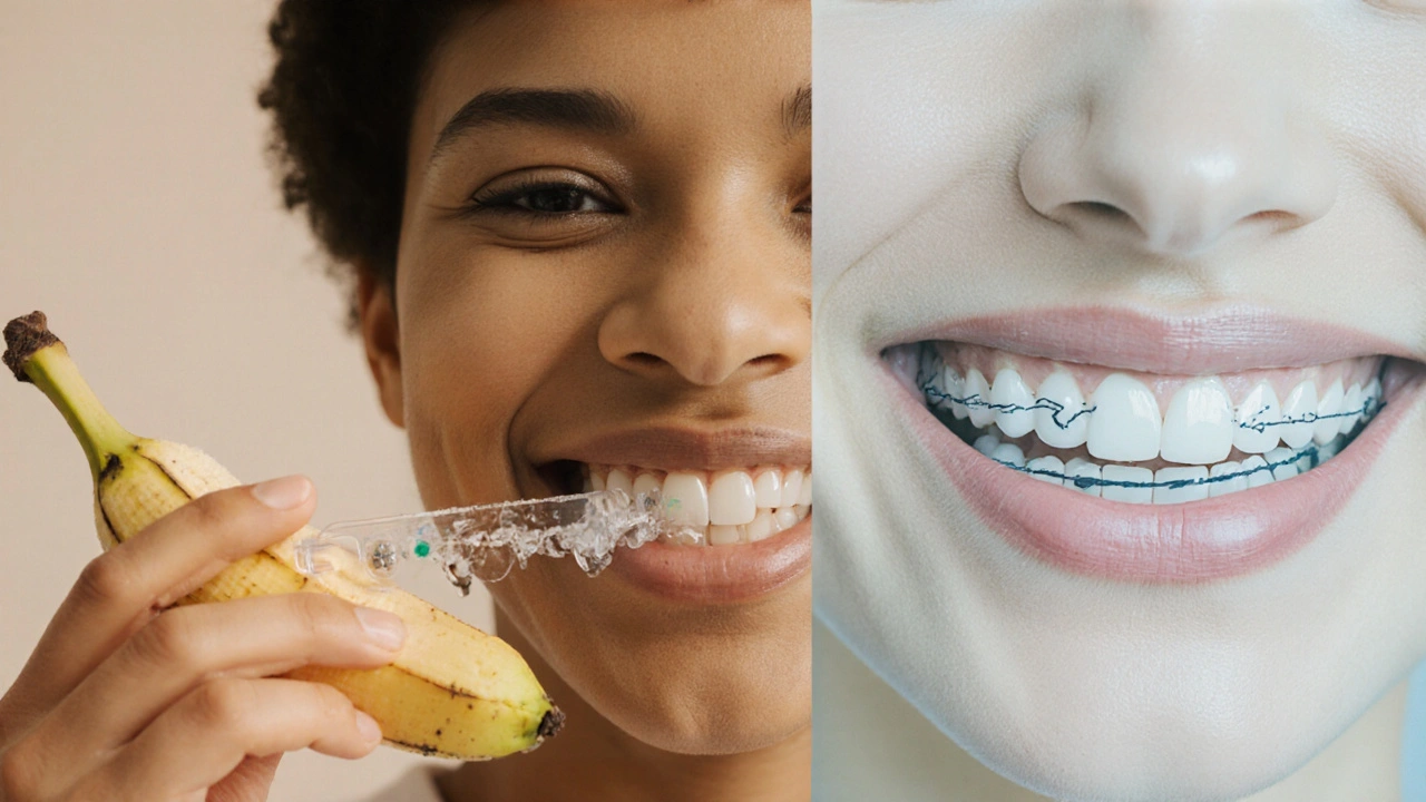 Pacient po dokončení léčby drží prázdné rovnátka a jí měkké ovoce.