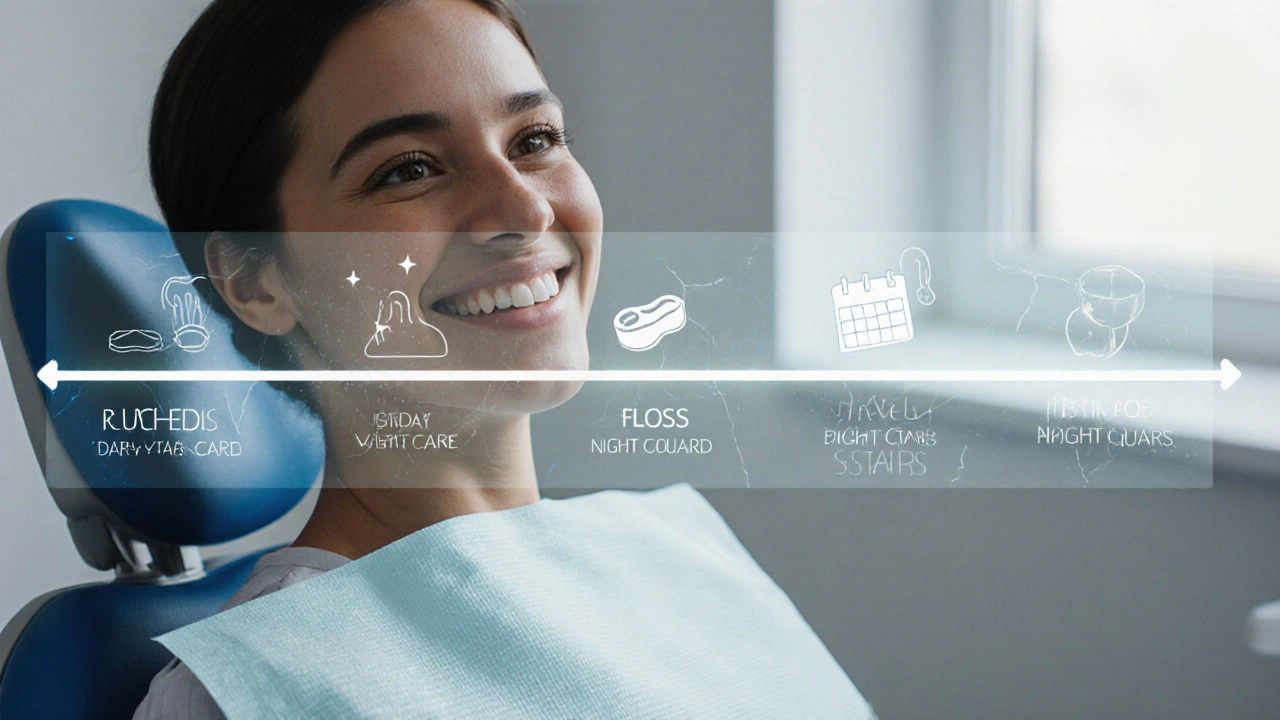 Pacient se usmívá, za ním průběh 20 let péče o fazety, symbolizující jejich dlouhou životnost.