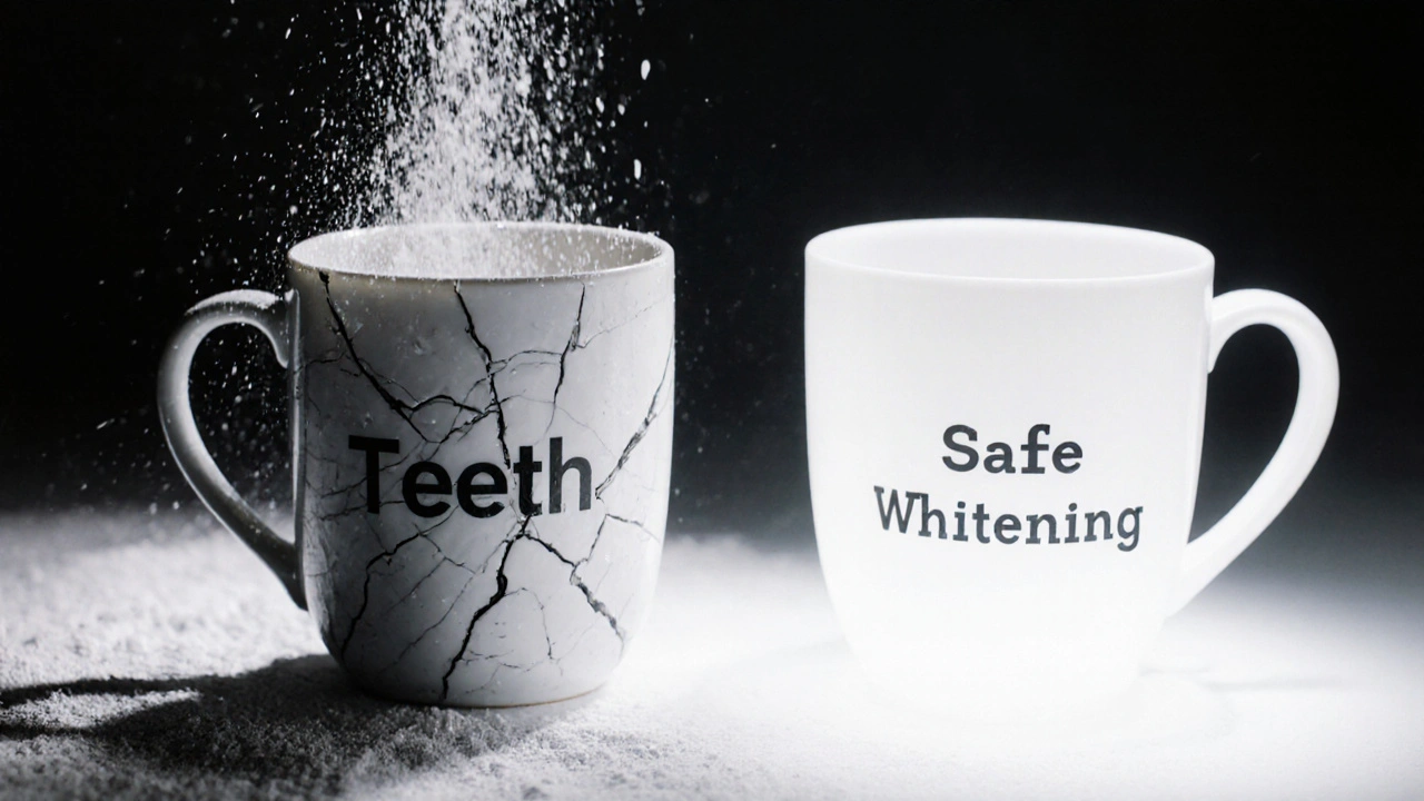 Porcelánová šálka s nápisem &#039;Zuby&#039; po abrazi a čistá šálka označená &#039;Bezpečné bělení&#039;.