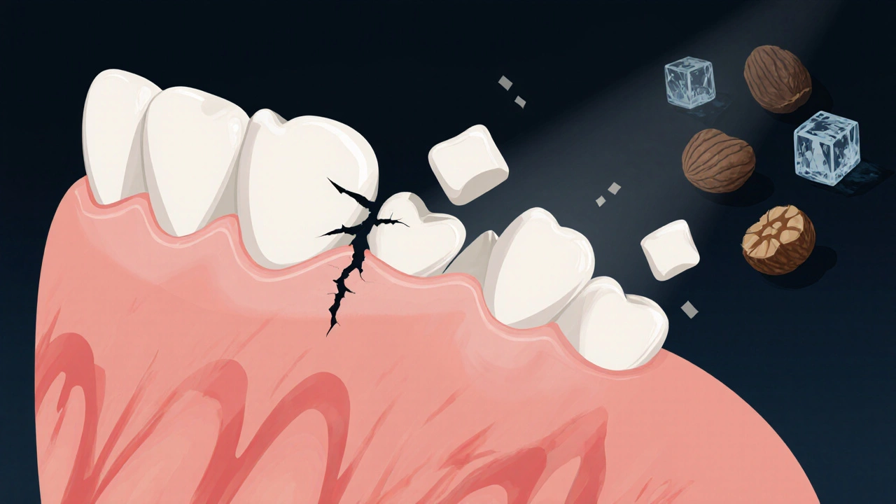 Poškozený keramický zubní prvek s drobnými kousky a znaky zánětu.