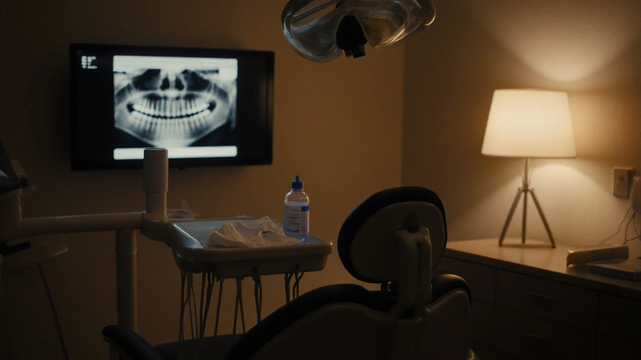 Prázdná zubní křeslo s gázou a roztokem na stole v klinice.