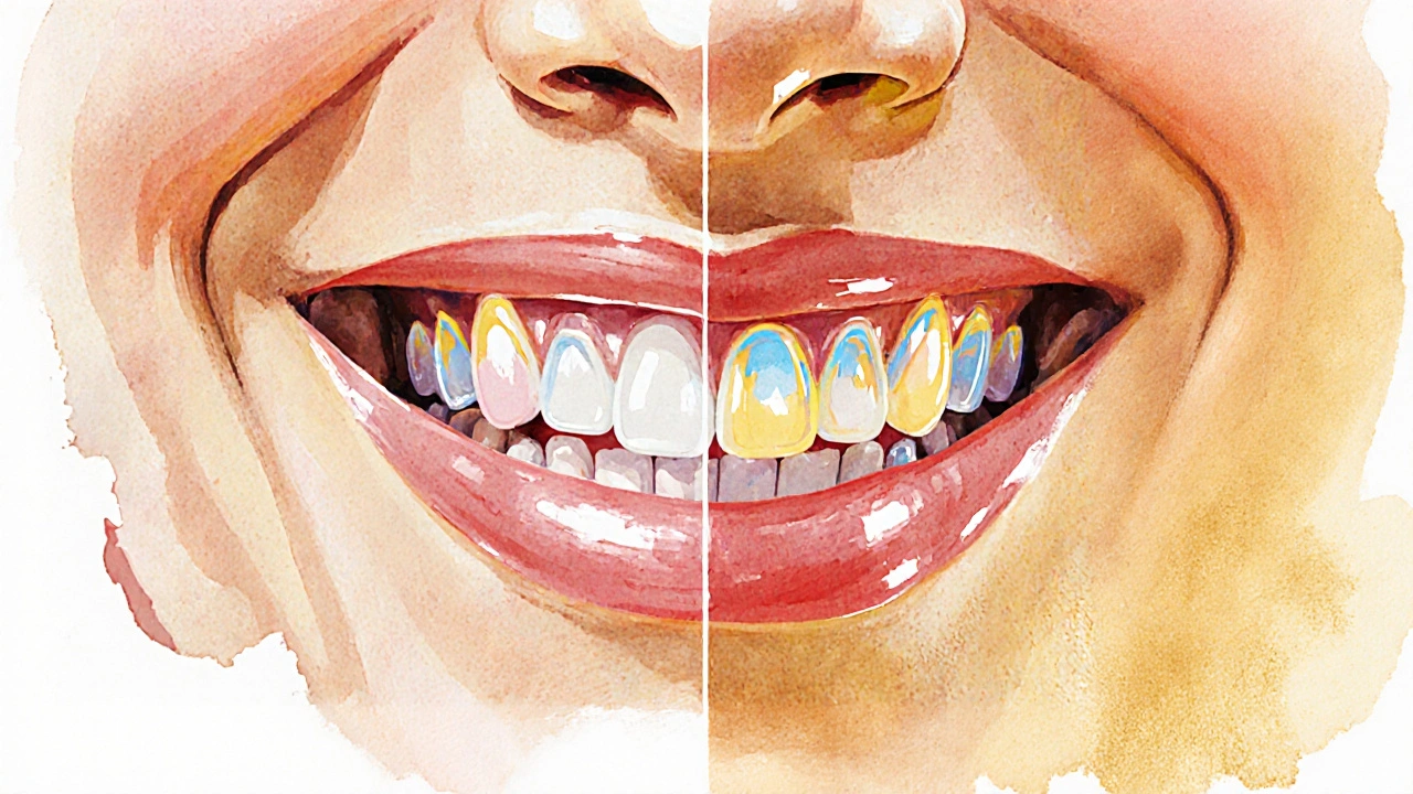 Před a po úsměvu s fázetami na zubech – přirozeně bílé a dokonalé zuby.