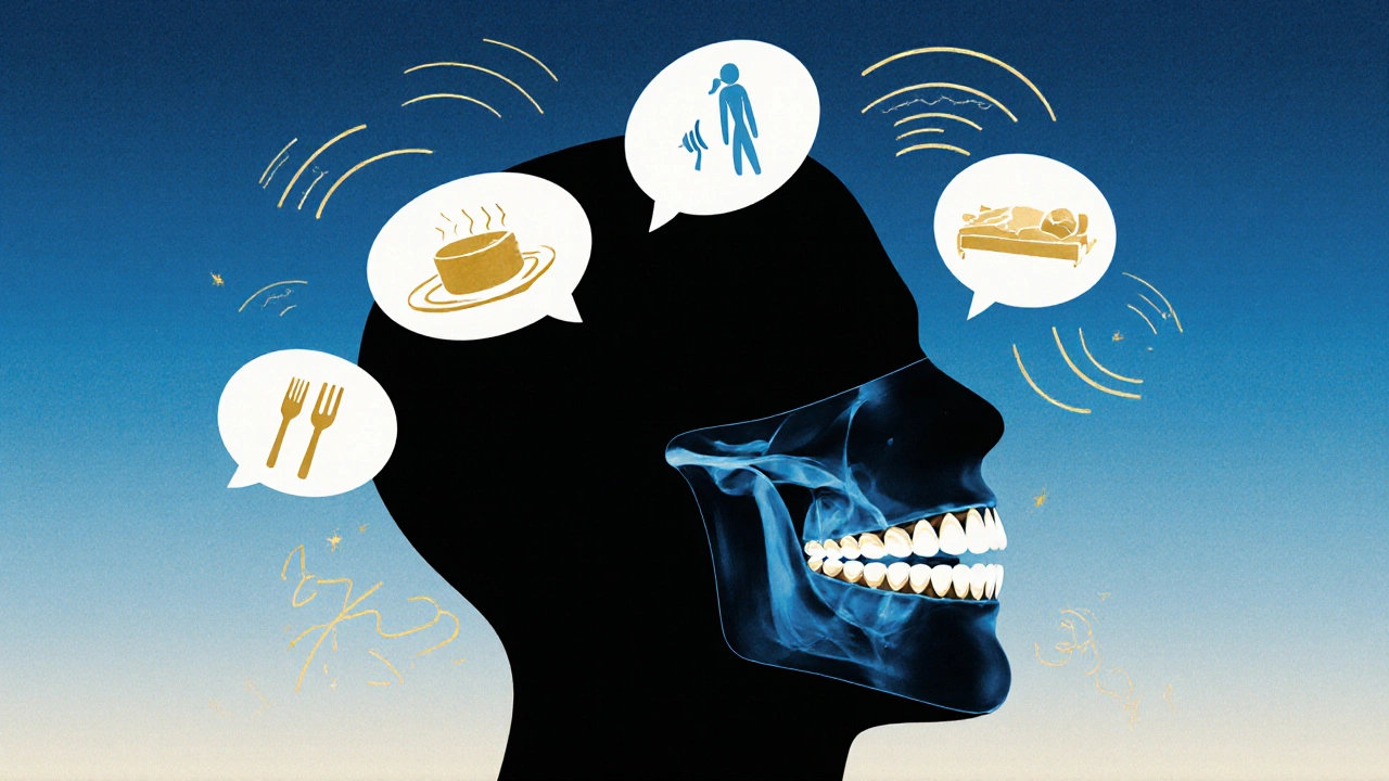 Přehled lidské čelisti s přesunutými zuby a symboly změn v jídelních návcích, spánku a řeči.