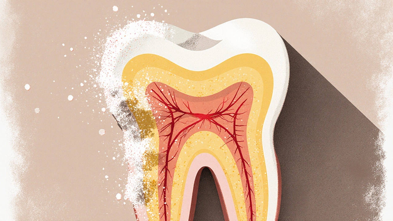 Příčný řez zubem s oděrskou vrstvou skloviny a odhaleným dentinem.