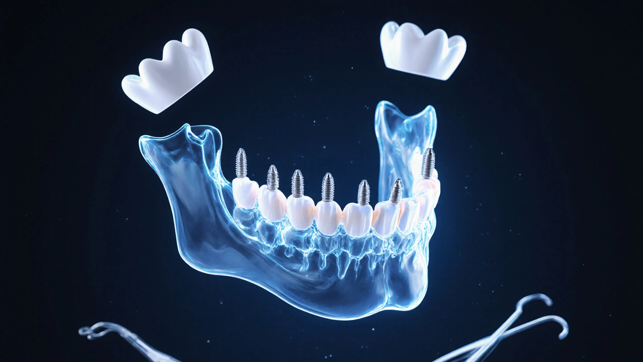 Průhledná čelist s implantáty spojenými s kostí, kolem nich keramické korunky, tichý zářivý efekt.