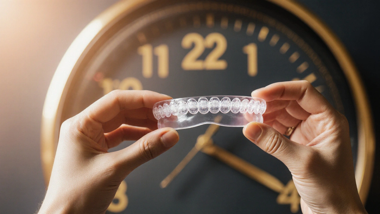 Průhledná šablona Invisalign s hodinami ukazujícími 22 hodin denního nosení.
