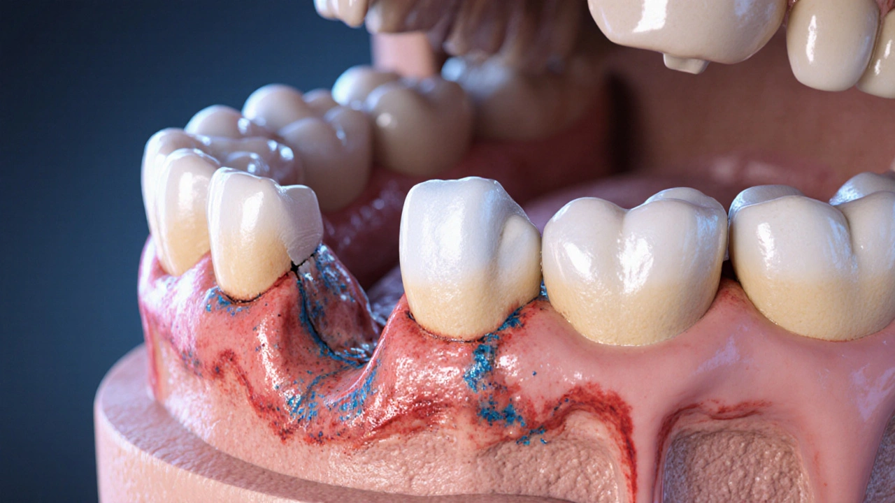Průřez čelisti s volným zubem a rozpadající se kostí.