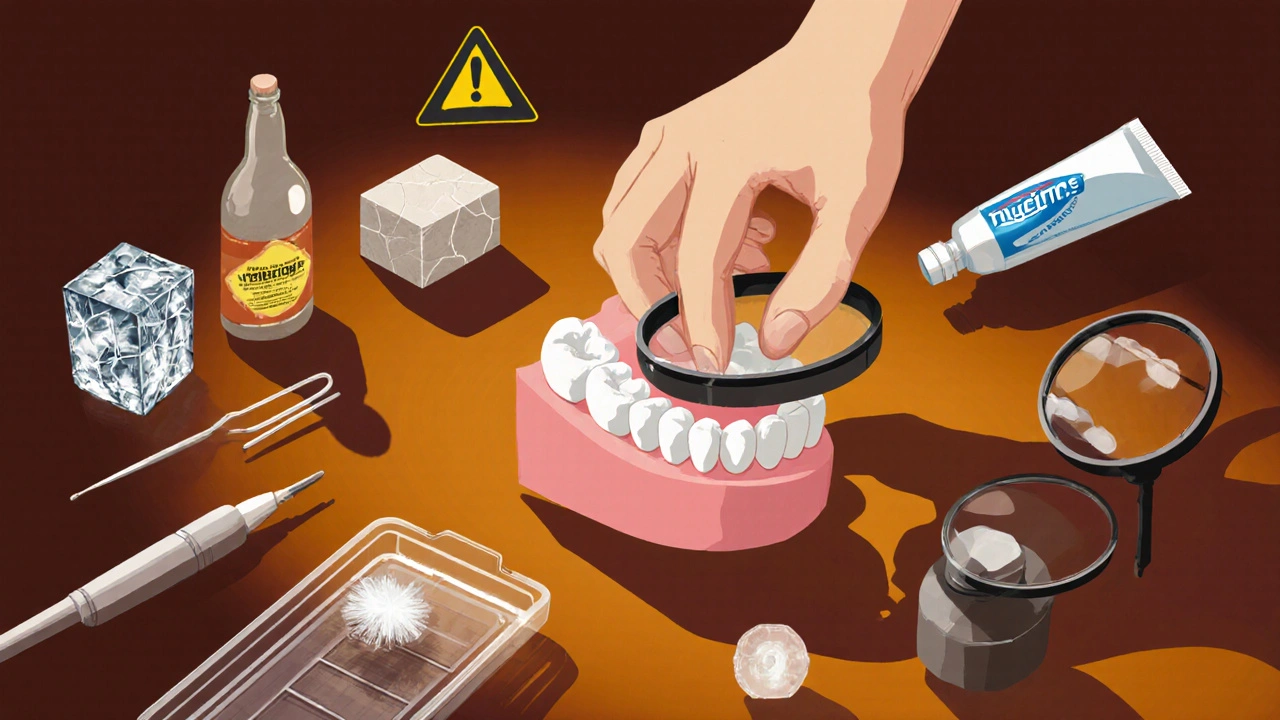 Ruka připevňuje keramickou fazetu na model zubu, kolem ní nástroje a symboly správné a špatné péče.