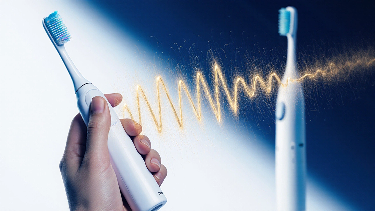 Rukou držený magnetický kartáček s viditelnými magnetickými vlnami pohybujícími štětinami.