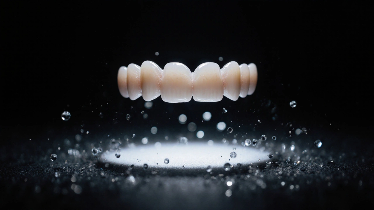 Tenká keramická fazeta ve světle, s detaily povrchu a přirozeným odrazem.