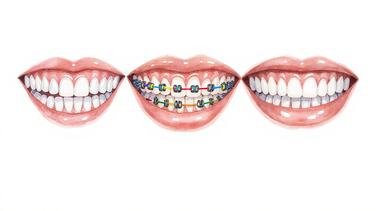 Tři fáze ortodontické léčby: špatně zarovnané, s rovnátky a dokončené zuby.